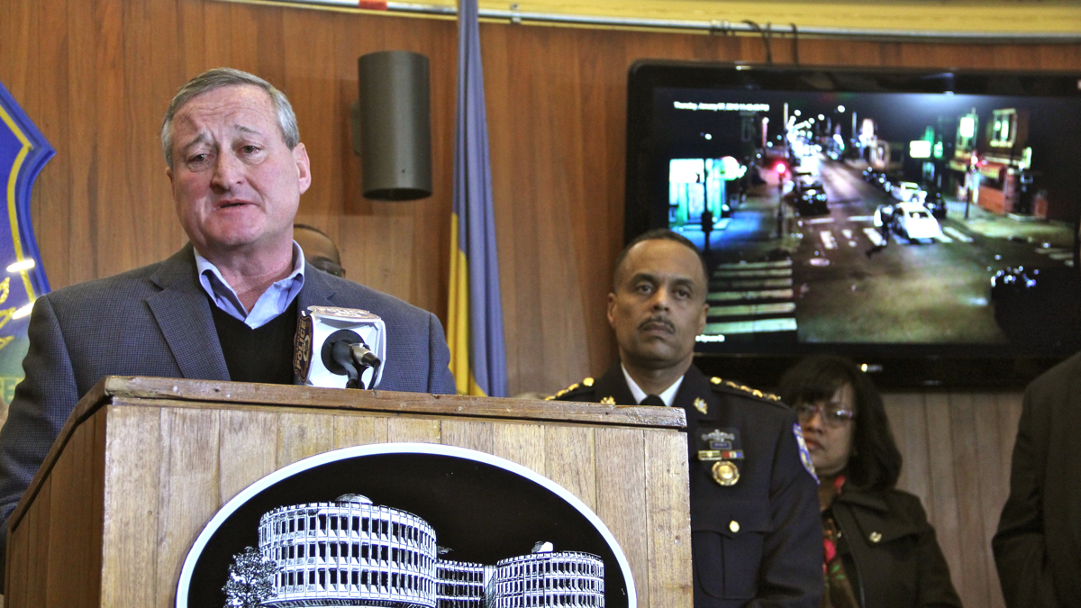 Mayor Jim Kenney speaks at a police press conference