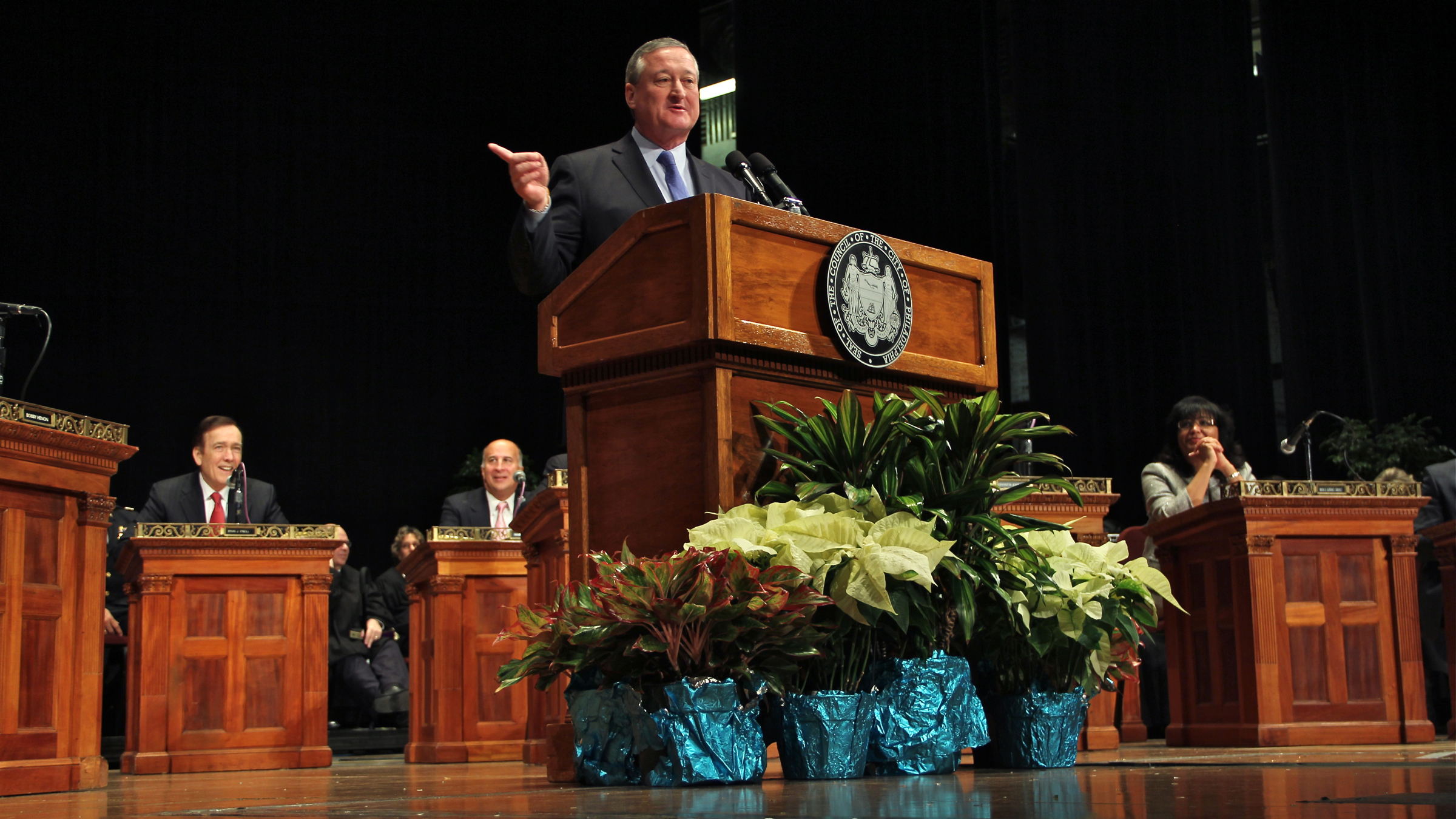 Jim Kenney makes his first speech as mayor at the Academy of Music. (Emma Lee/WHYY)