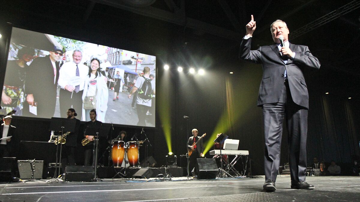  Philadelphia Mayor Jim Kenney thanks supporters Monday night during inaugural celebrations at the Pennsylvania Convention Center. (Kimberly Paynter/NewsWorks) 