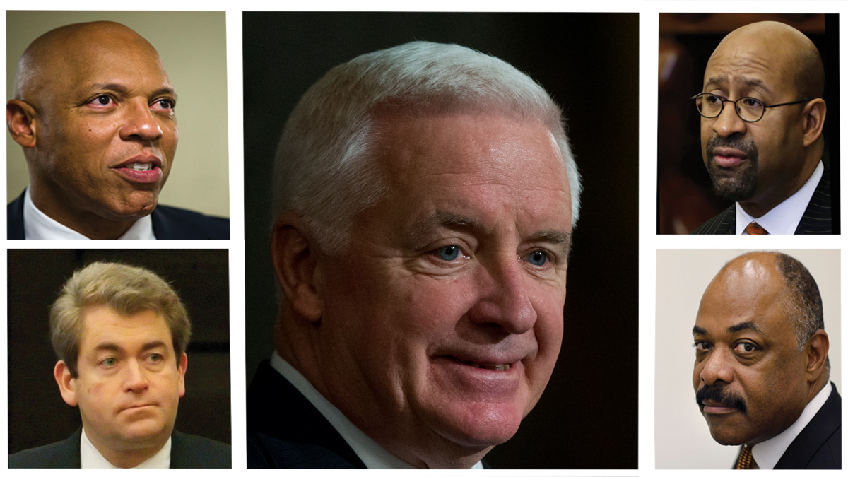  (Clockwise) Philadelphia school district superintendent William Hite (Matt Rourke/AP Photo), Gov. Tom Corbett (Matt Rourke/AP Photo), Mayor Michael Nutter (Matt Rourke/AP Photo) PFT President Jerry Jordan (Matt Rourke/AP Photo), and  SRC Chair Bill Green (NewsWorks Photo) 