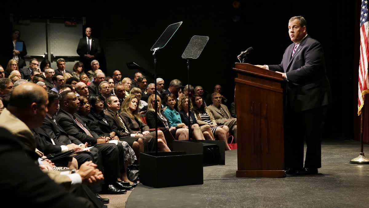 Former New Jersey Gov. Chris Christie addresses a gathering Thursday at Burlington County College in Pemberton. Christie is backing away from the use of Common Core school standards, saying the system isn't working for students in New Jersey. (Mel Evans/AP)