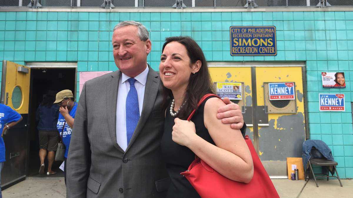  Mayoral candidates Jim Kenney and Melissa Murray Bailey stood side-by-side outside a polling place during May's primary election. (Brian Hickey/WHYY) 