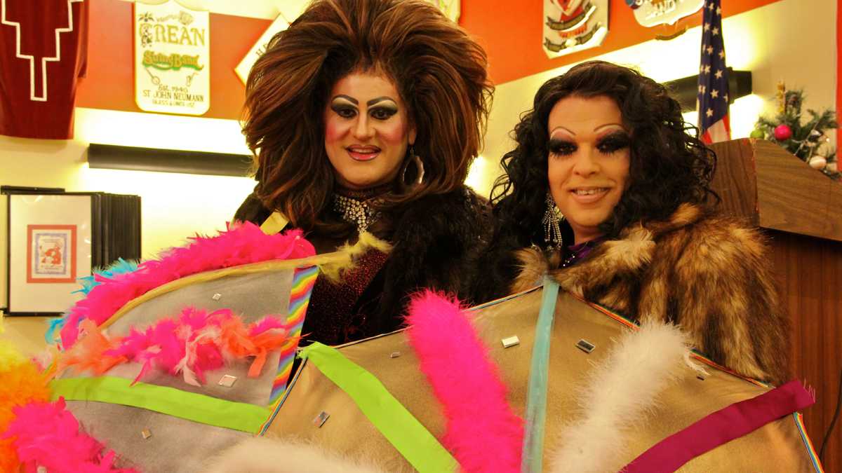  Brittany Lynn (left) and Crystal Electra, members of the Miss Fancy Brigade and the Mummers LGBT Liaison Committee announcing plans for this year's New Year's parade. (Emma Lee/for NewsWorks) 