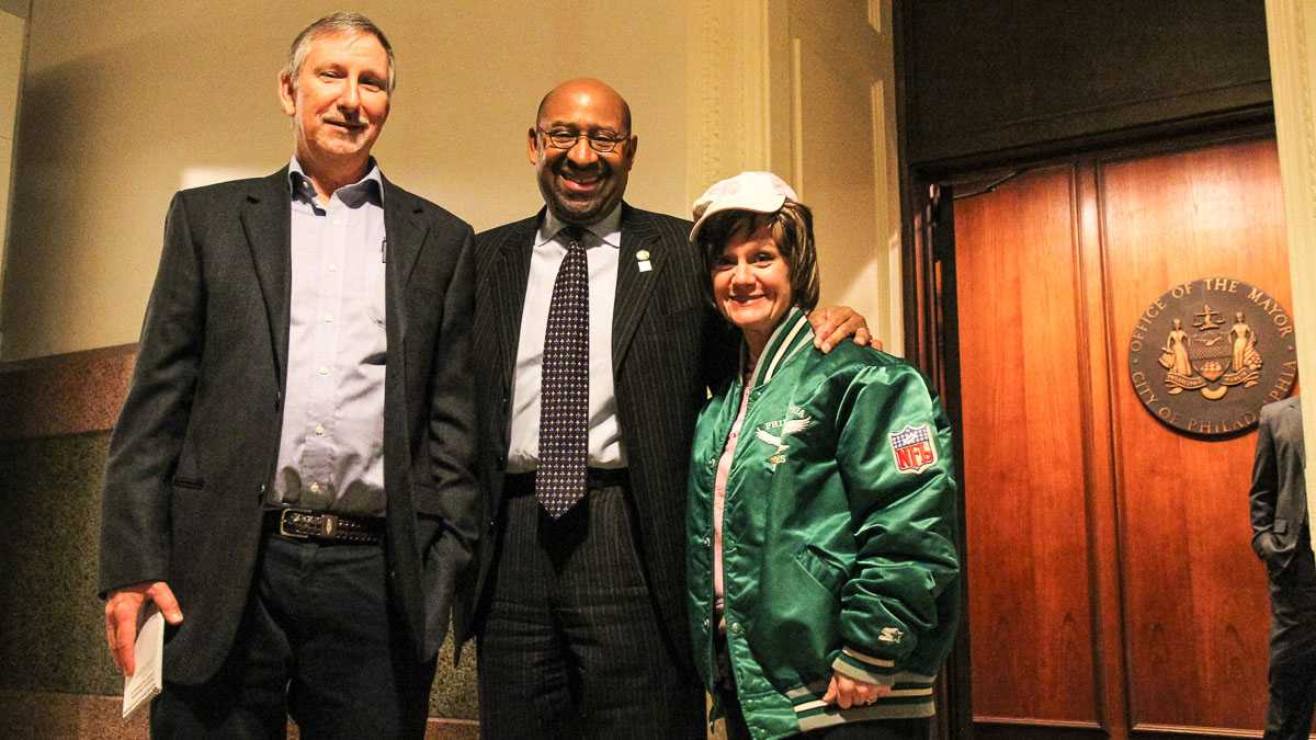  (L-R) Dave Davies, Mayor Michael Nutter, Patsy. (NewsWorks, file art) 