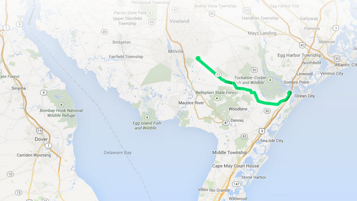  A view of the proposed pipeline which would run along and beneath Routes 49 and 50 in New Jersey. (Map courtesy of capeatlanticreliability.com)  
