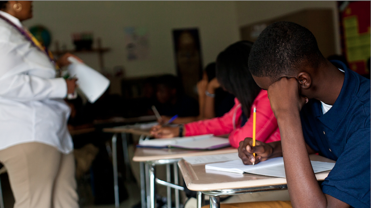  On Monday, students were back at their desks at Martin Luther King High School in West Oak Lane. (Brad Larrison/for NewsWorks) 