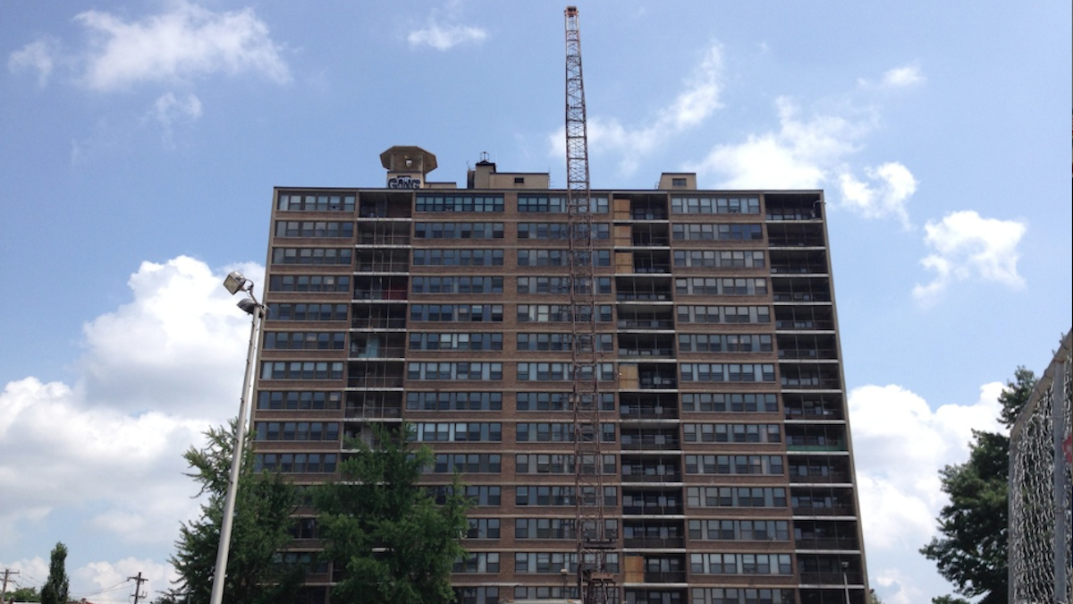  In five weeks, this hulking structure at Queen Lane and Pulaski Avenue will be a thing of the past. (Brian Hickey/WHYY) 