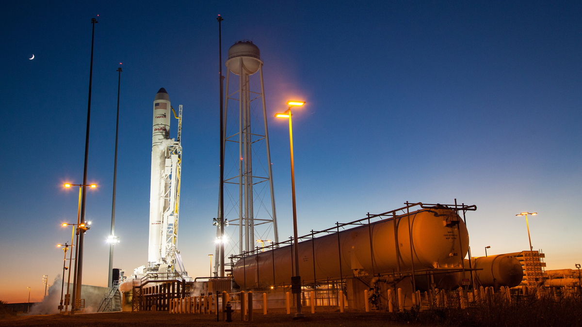  The Orbital Sciences Corporation Antares rocket is seen on the launch pad after the launch attempt was scrubbed because of a boat down range in the trajectory. Antares would have flown had it lifted off, Monday, Oct. 27, 2014, at NASA's Wallops Flight Facility in Virginia. (<a href=