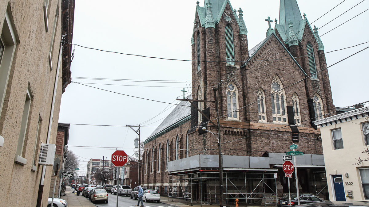 The rezoning bill was introduced by City Council President Darrell Clarke in January after stones fell from the church’s facade and forced neighboring St. Laurentius School to close for three days. (Kimberly Paynter/WHYY) 