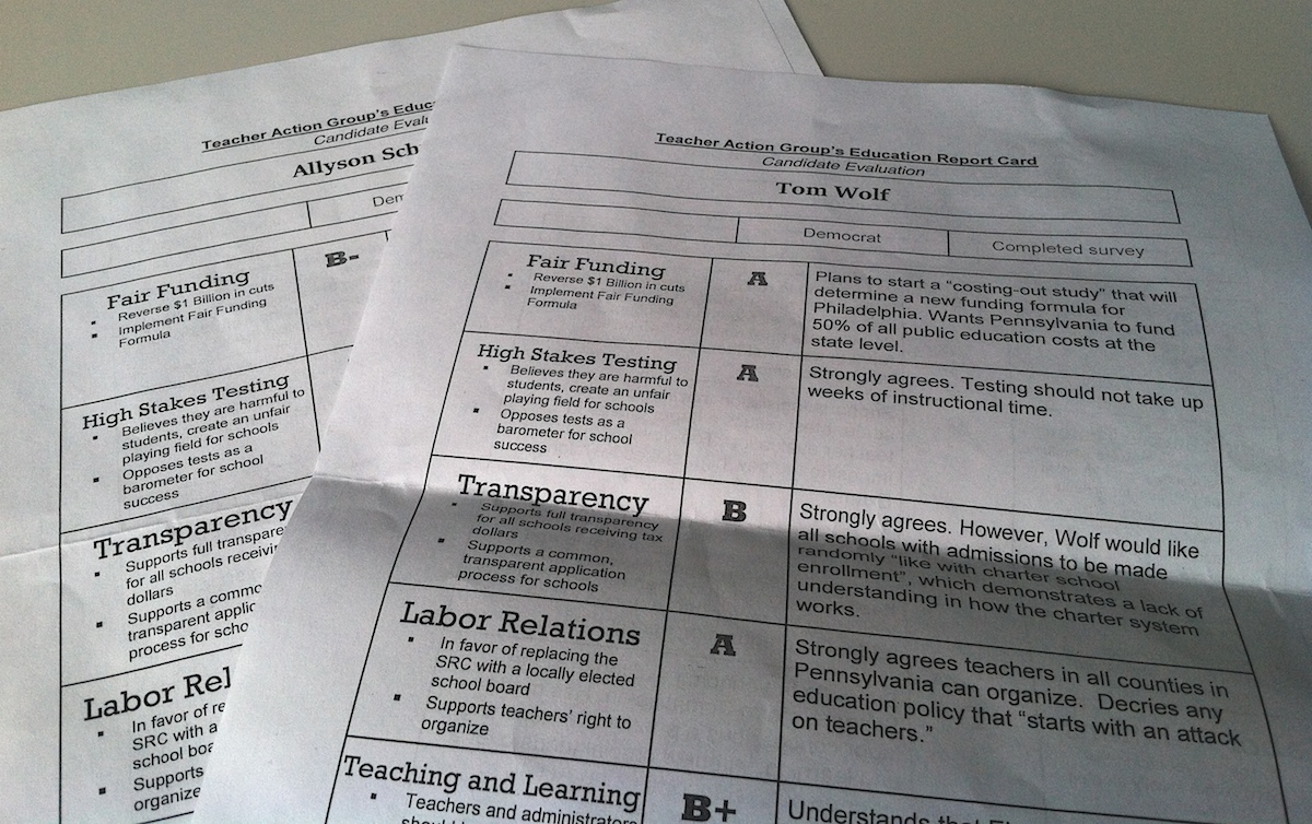  Report cards from last year's PA gubernatorial election shared candidates' views on fair funding, high stakes testing, transparency, labor relations and teaching practices. (Laura Benshoff/WHYY) 
