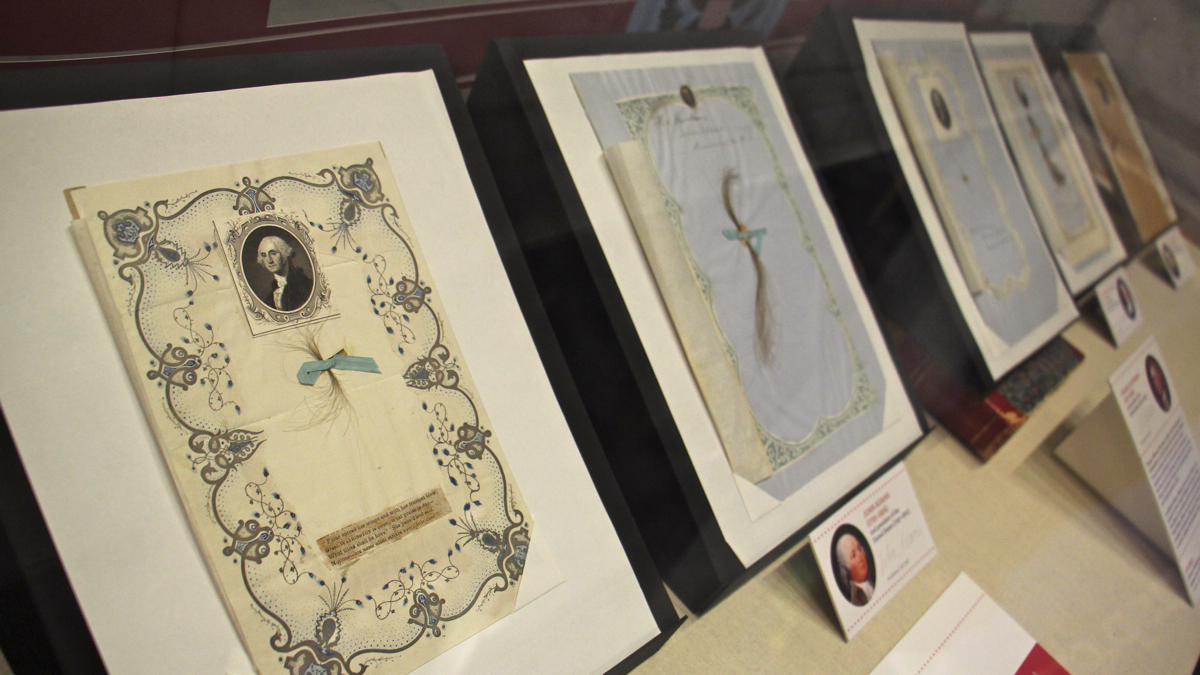 An unusual collection of presidential hair is on display at the Academy of Natural Sciences. (Emma Lee/WHYY)
