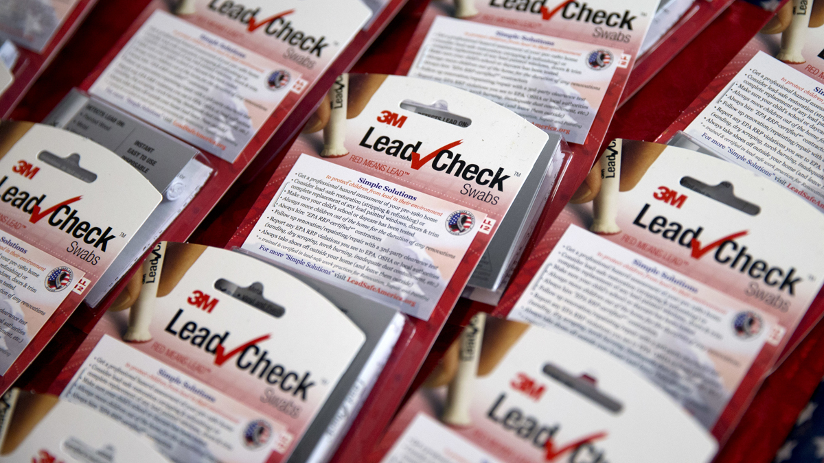 Swabs to check lead levels line a table outside of an event where Democratic presidential candidate Sen. Bernie Sanders
