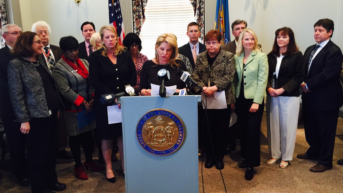  House Majority Leader Valerie Longhurst is joined by other lawmakers to announce the package of bills in Dover Tuesday afternoon. (Charlie O'Neill/WHYY) 