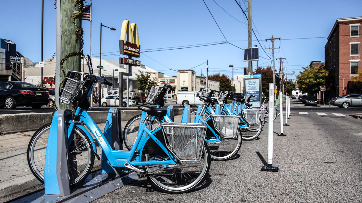 An Indego bike share station at Girard and Lee streets.