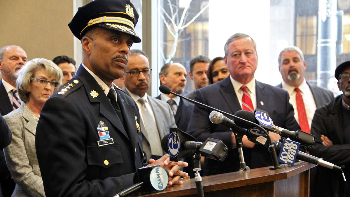 Philadelphia Police Commissioner Richard Ross answers questions at the Juanita Kidd Stout Center for Criminal Justice about the receipt of the MacArthur Safety and Justice Challenge Grant to support the city's effort to reduce its prison population.(Emma Lee/WHYY)