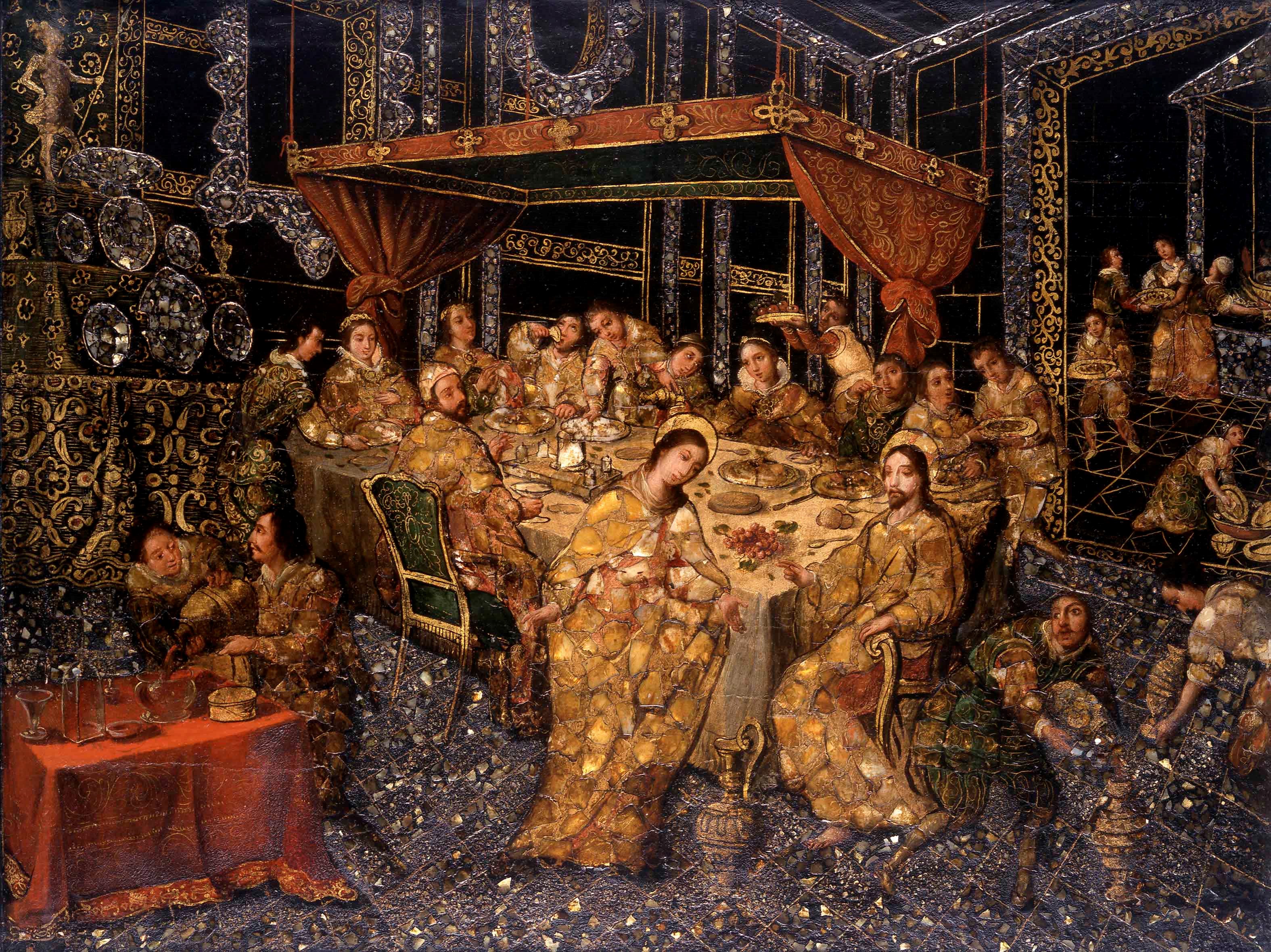 The Wedding at Cana. Nicolas Correa (born 1670/75). 1693 mixed media with encrusted mother-of-pearl on pane.
On loan from The Hispanic Society of America