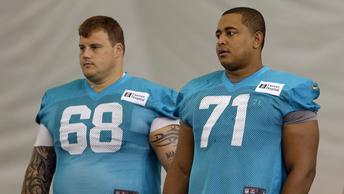  Richie Incognito (68) and tackle Jonathan Martin (71) stand on the field during an NFL football practice with the Miami Dolphins. (AP Photo/Lynne Sladky) 