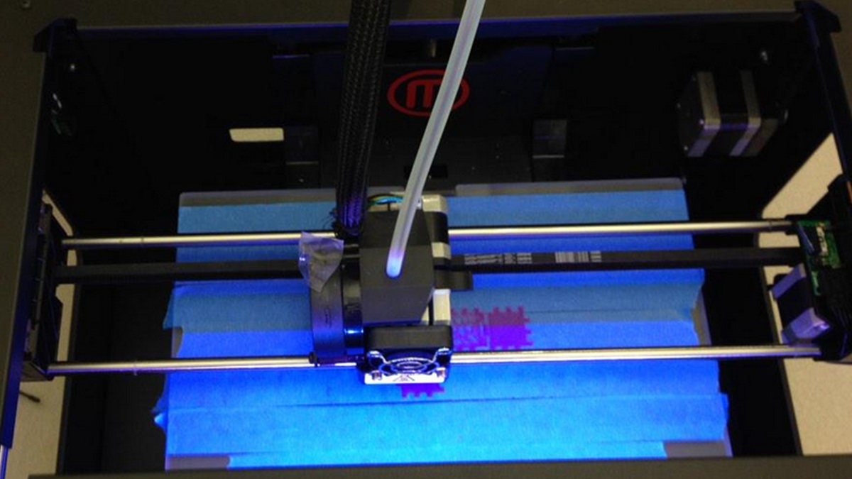  A Makerbot Replicator 3D printer in action at the library in Wilmington. (Mark Eichmann/WHYY) 