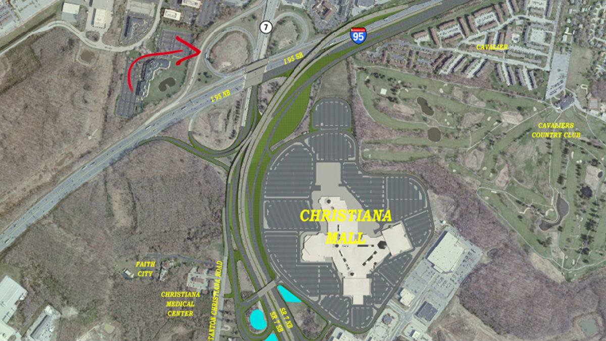  The tight curving ramp will be replaced by the flyover exit overnight Monday into Tuesday morning. (photo courtesy DelDOT) 