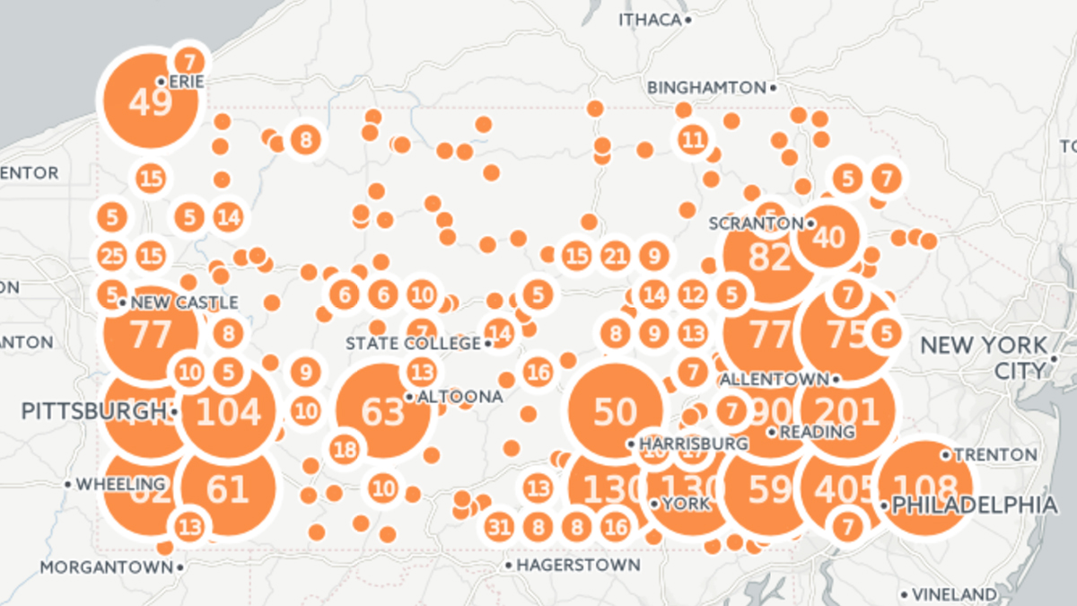  The map shows the distribution of new and expanded businesses in Pennsylvania. Zoom in to see what the distribution looks like in your town. Data from Conway Inc.’s New Plant Database. Map created by Irina Zhorov/Keystone Crossroads.     