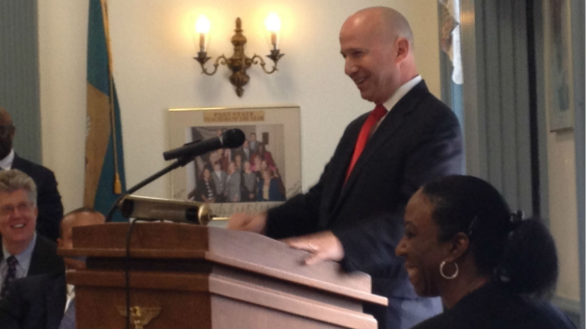  Governor Jack Markell (center) and Board of Education president Teri Quinn Gray (right) at Thursday's announcement. (Avi Wolfman-Arent, Newsworks) 