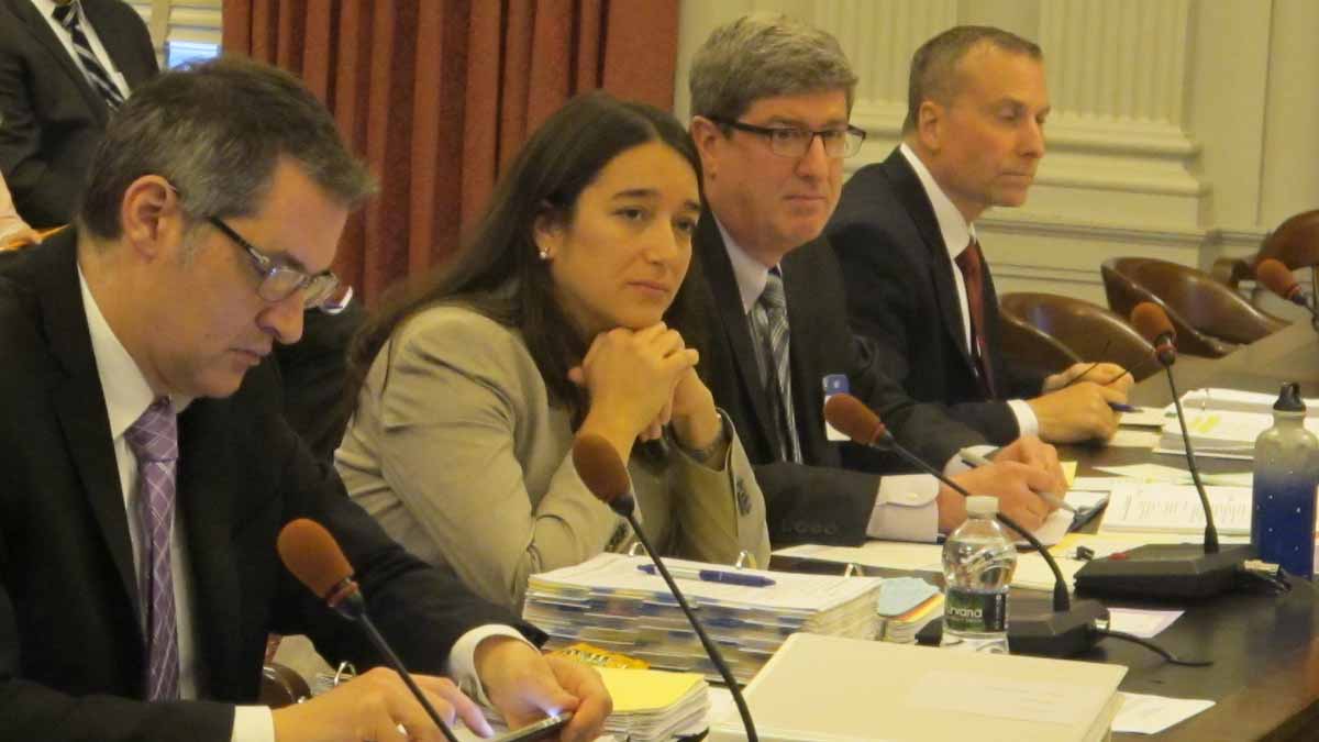  New Jersey Health Commissioner Mary O'Dowd listens to a question about cancer research funding at an Assembly Budget Committee hearing. (Phil Gregory/WHYY) 