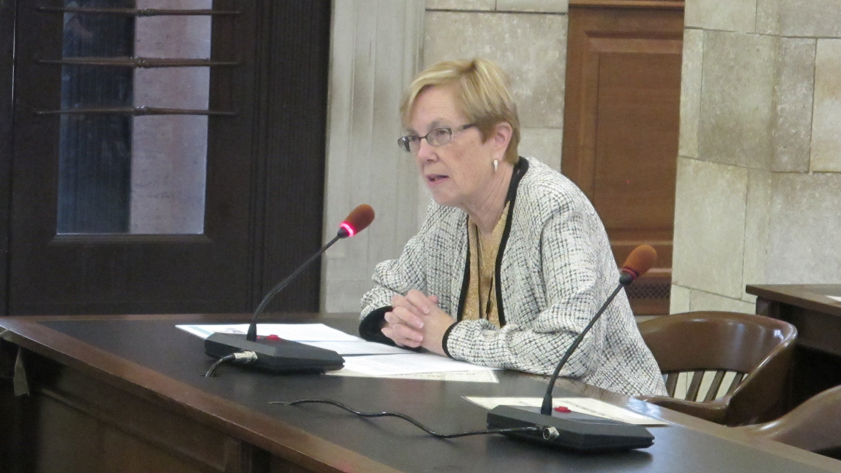 Sandra Matsen with the League of Women Voters of New Jersey tells lawmakers she supports online voter registration at a New Jersey Senate committee hearing. (Phil Gregory/WHYY)