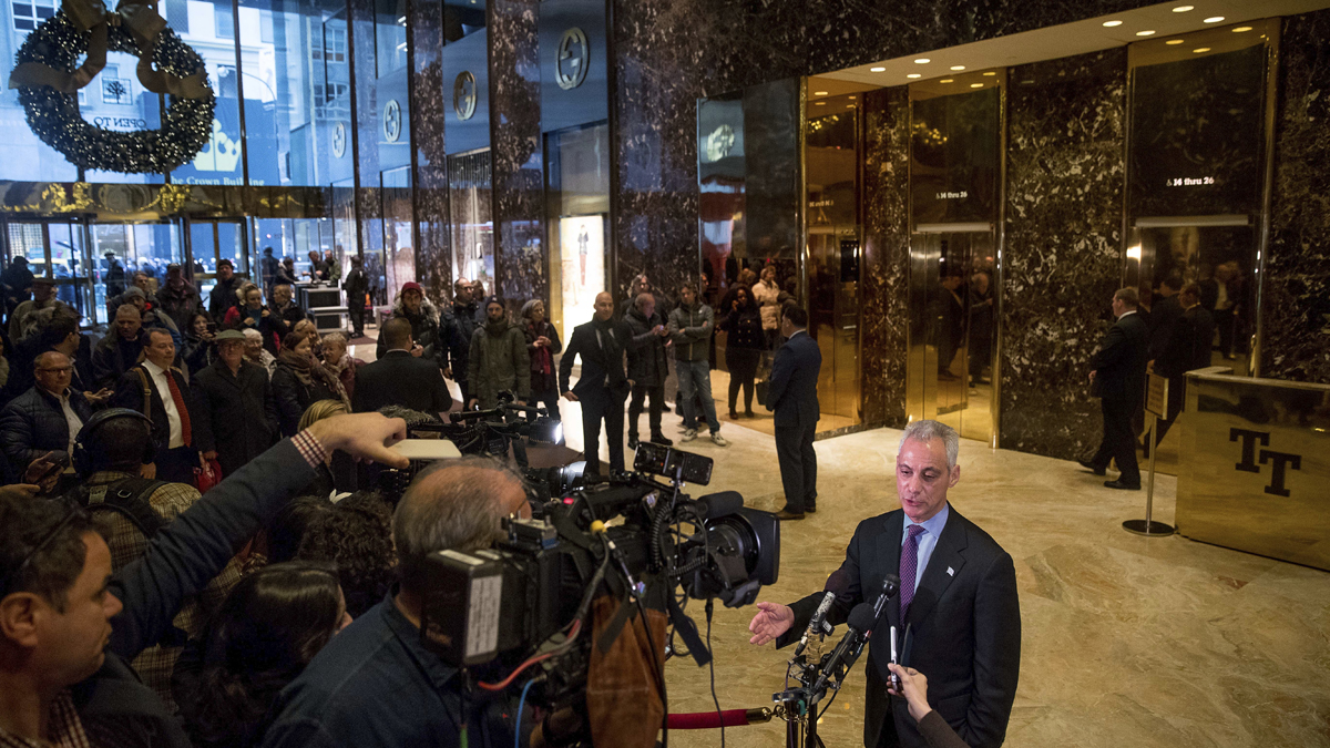 Chicago Mayor Rahm Emanuel speaks with members of the media after meeting with President-elect Donald Trump at Trump Tower in New York