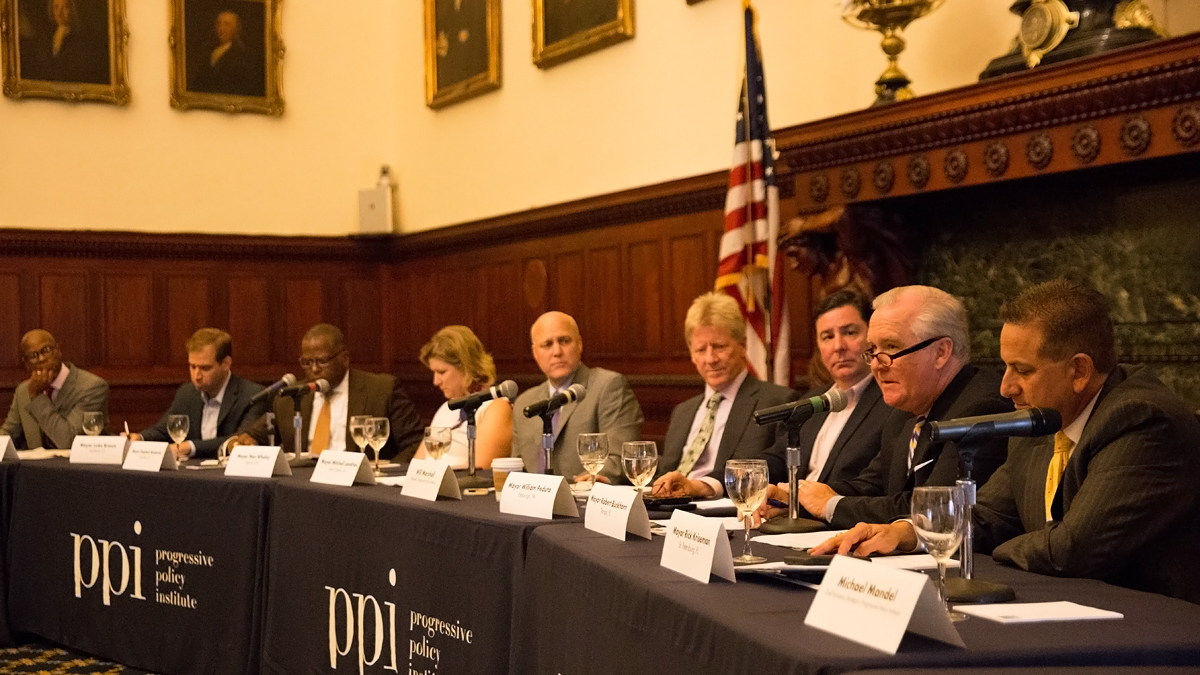 A group of mayors meets during the 2016 Democratic National Convention in Philadelphia. From left to right: Clarence Anthony