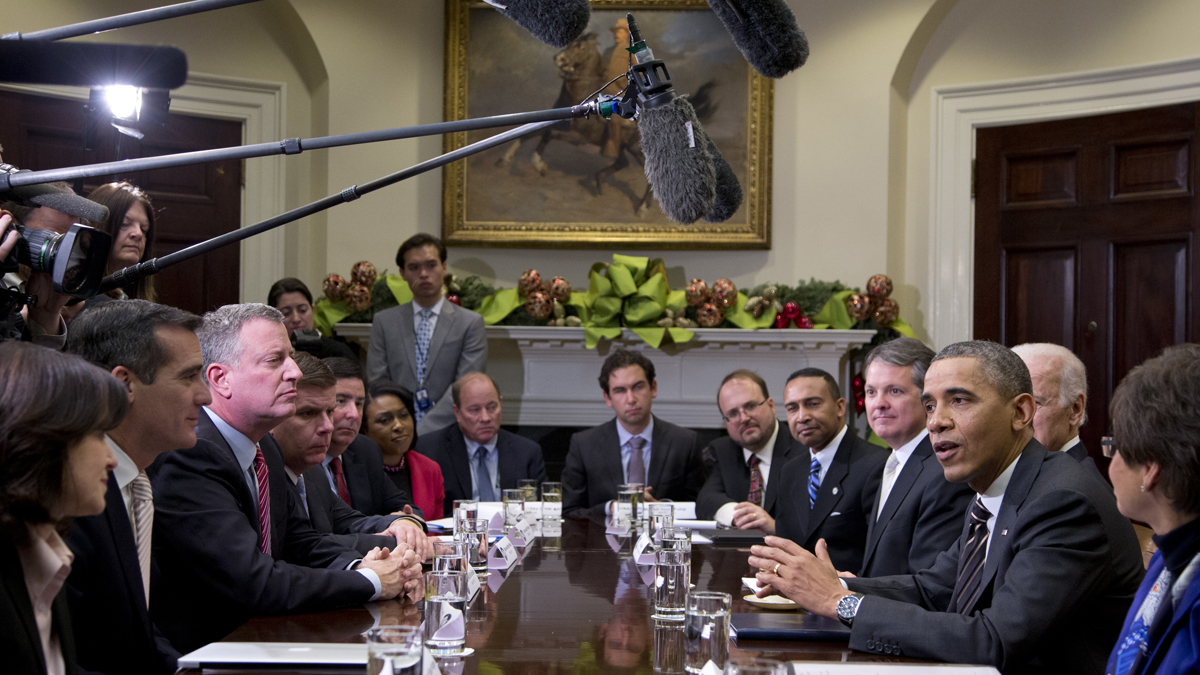  President Barack Obama speaks to media in the Roosevelt Room of the White House in Washington, Friday, Dec. 13, 2013, before a meeting with mayors and newly-elected mayors from across the country . (AP Photo/Carolyn Kaster, file) 