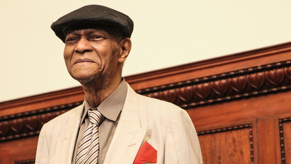 Jazz pianist McCoy Tyner is honored in the Mayor's Reception Hall at the Philadelphia Jazz Appreciation Month Kick-off event. (Kimberly Paynter/WHYY)