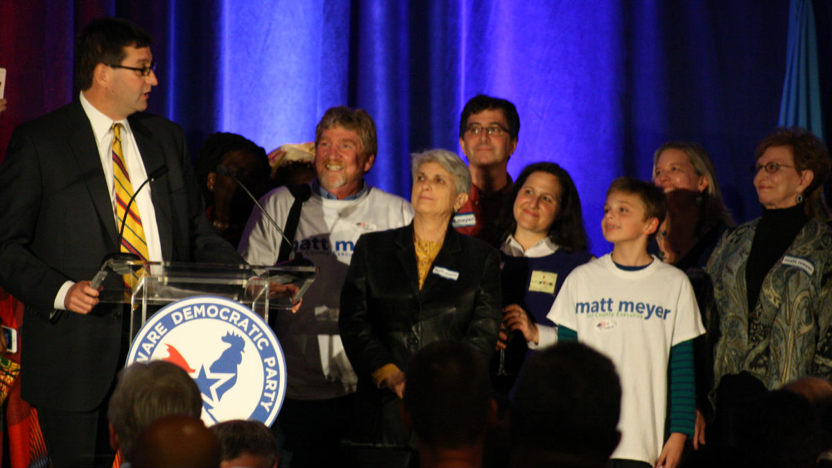 NCCo Executive-elect Matt Meyer thanks even his youngest supporters for helping him defeat Republican Mark Blake. (Mark Eichmann/WHYY)