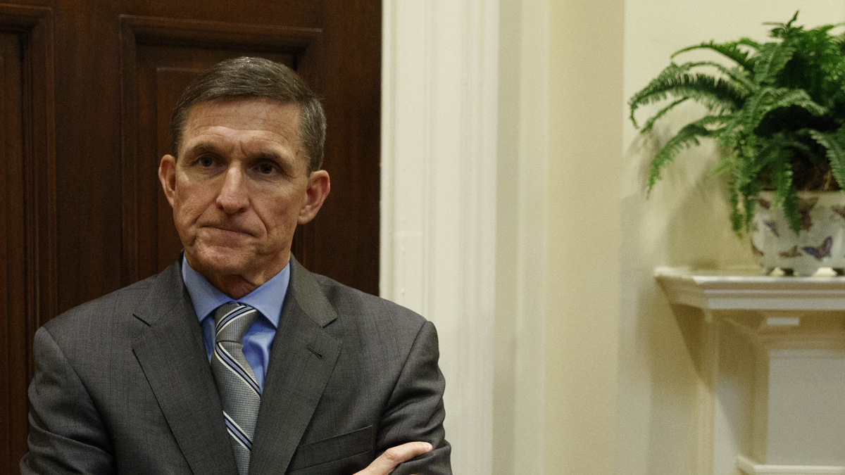 Former National Security Adviser Mike Flynn is shown in the Roosevelt Room of the White House. (AP Photo/Evan Vucci