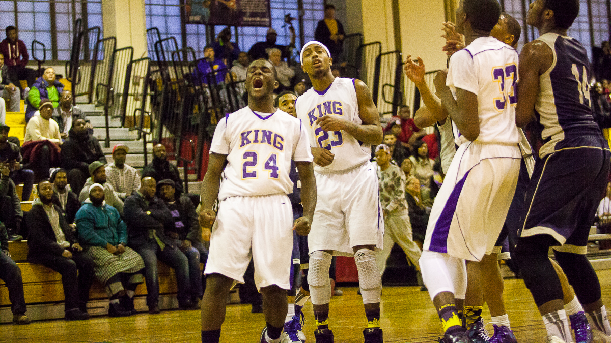 MLK guard Sammy Foreman celebrates after putting up two points. (Brad Larrison/for NewsWorks)