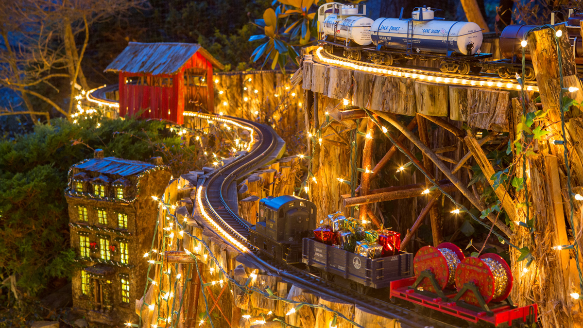 Morris Arboretum's popular Holiday Garden Railway returns with model trains in action, decorated for the holidays with thousands of twinkling lights on an outdoor quarter-mile track. Photo by Mark Stehle. 