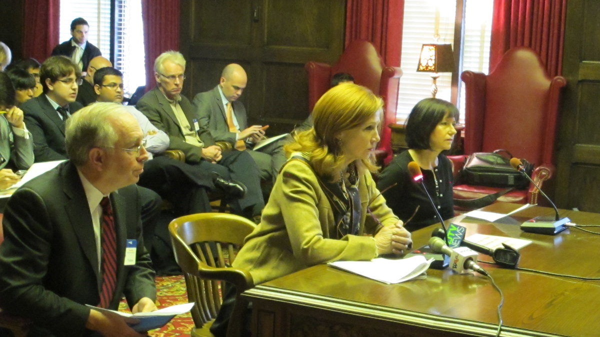  Roger and Ann Kriete join Assemblywoman Nancy Munoz in urging lawmakersto pass the stalker tracking bill (Phil Gregory/WHYY) 