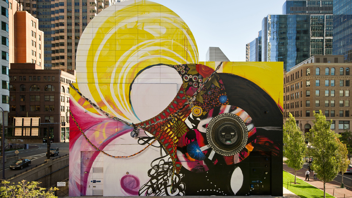  Open Source, a ground-breaking, outdoor citywide exhibition, features over 40 public events in the month of October and beyond as part of the City of Philadelphia Mural Arts Program. Pictured: Seven Moon Junction © 2014, The Greenway Wall at Dewey Square Park, Boston, MA , courtesy of James Cohan Gallery, New York and Shanghai, by Shinique Smith. Smith is one of the 14 artists participating in Open Source. 