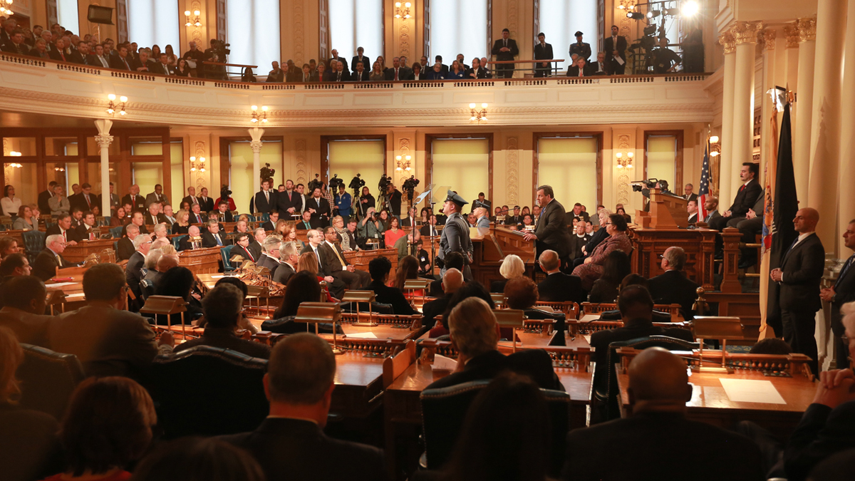 Gov. Chris Christie gives his budget address Tuesday to a joint session of the New Jersey Legislature. (New Jersey Governor’s Office) 