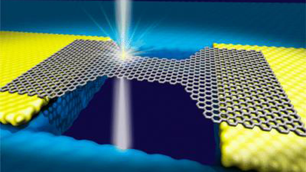  An illustration of a graphene nanoribbon shaped by the beam of a transmission electron microscope. (Image courtesy of Robert Johnson) 