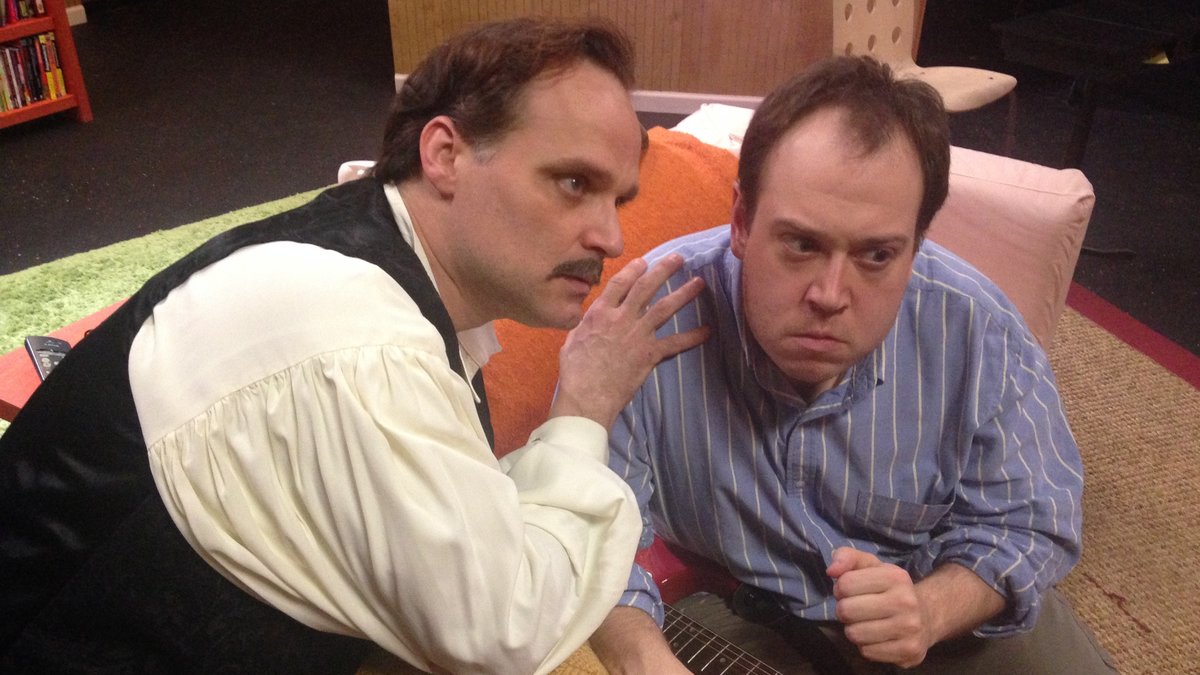  Sam Sherburne (right) portraying John W. Hinckley Jr., with Russ Widdall in New City Stage Company's world-premiere production of 'Hinckley' (Photo  courtesy of Ginger Dayle) 