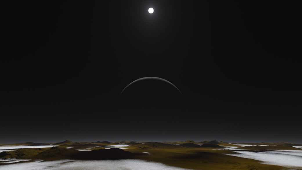 This illustration depicts daytime on the surface of Pluto with the sun high in the sky and Pluto's moon