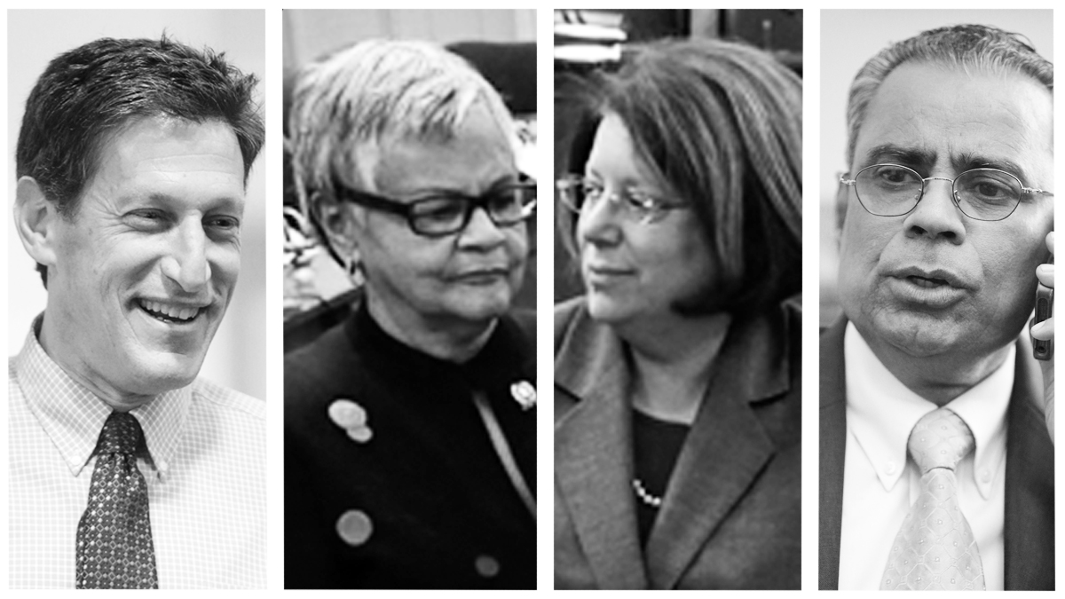  From left, congressional candidates Andrew Zwicker; Assemblywoman Bonnie Watson Coleman; state Sen. Linda Greenstein; and Assemblyman Upendra J. Chivukula. They're competing in New Jersey's 12th District for the seat held by Congressman Rush Holt for 15 years. (NewsWorks Image/AP Photos by Mel Evans) 
