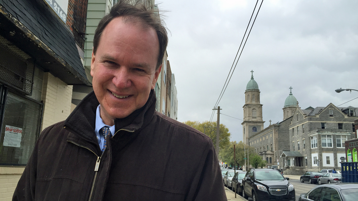 Brian Gordon campaigns in Southwest Philadelphia. (Aaron Moselle/WHYY)