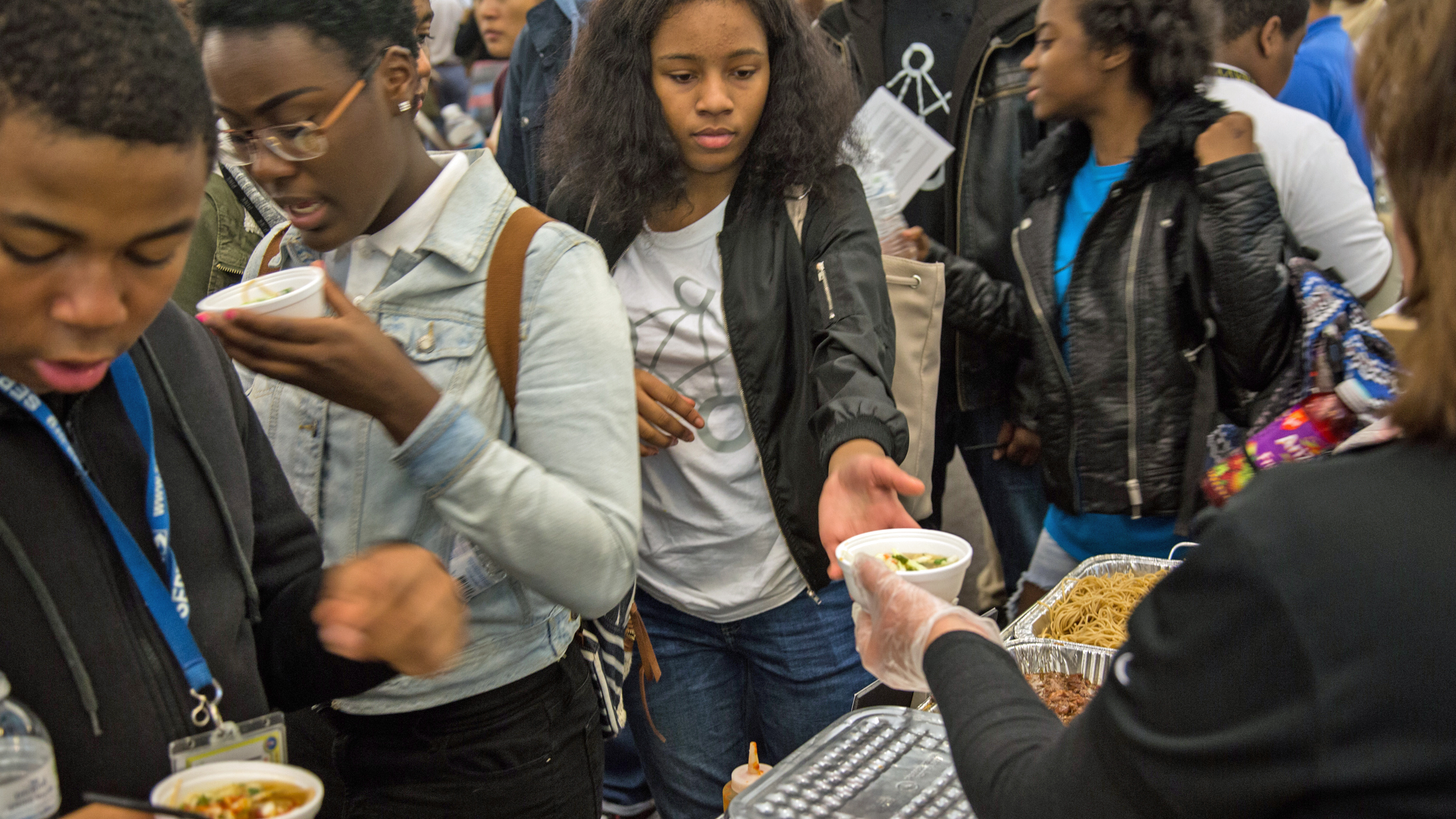 High school students from 7 Philadelphia high schools participate in the first annual student-tested food show where vendors showcase different options for their lunch menu. (Emily Cohen for NewsWorks)