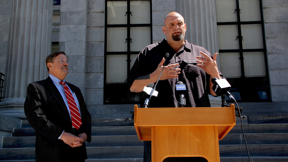 Senate candidate John Fetterman gets the endorsement of Montgomery County Clerk Bruce Hanes. (Emma Lee/WHYY)