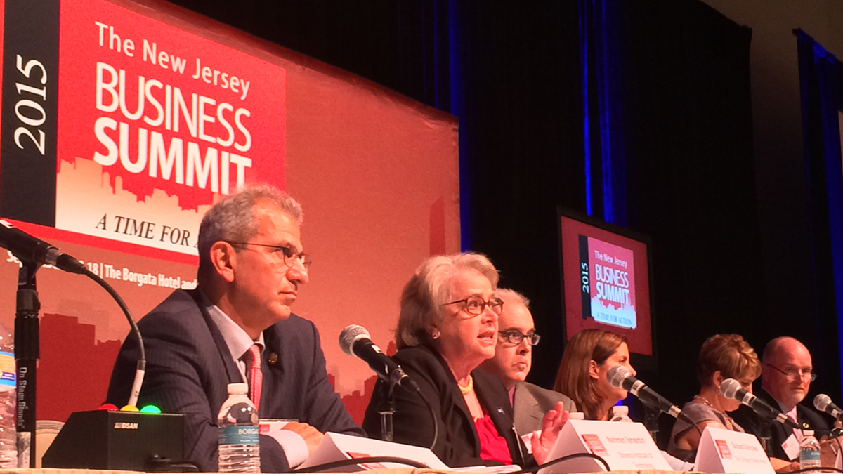  Panelists including TCNJ president Barbara Gitenstein (second from left) discuss workforce readiness in New Jersey. (Joe Hernandez/WHYY) 
