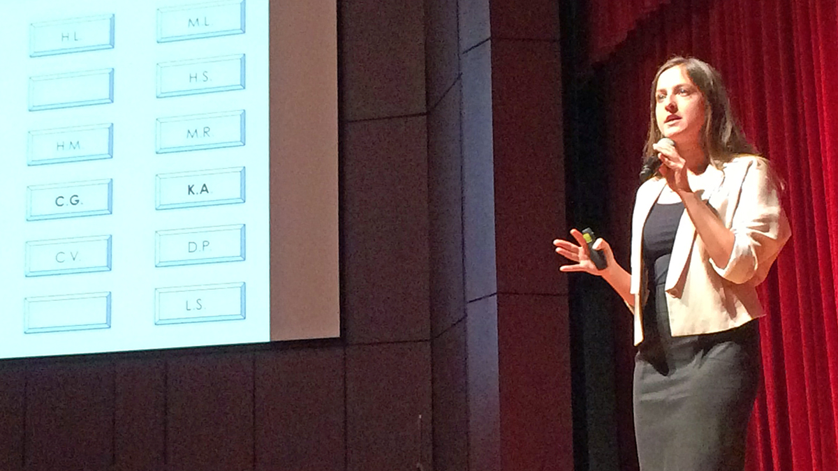  Kristina Anderson, a victim of the 2007 Virginia Tech shooting, speaks to the ninth annual School Safety and Security Conference in Sewell, New Jersey. (Joe Hernandez/WHYY) 
