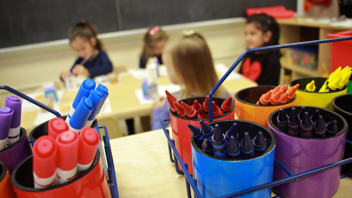 Fresh crayons and markers await students at SPIN-Parkwood preschool, which added two classes and 40 students because of Philadelphia's pre-K initiative. Jan. 4, 2017 (Emma Lee/WHYY) 