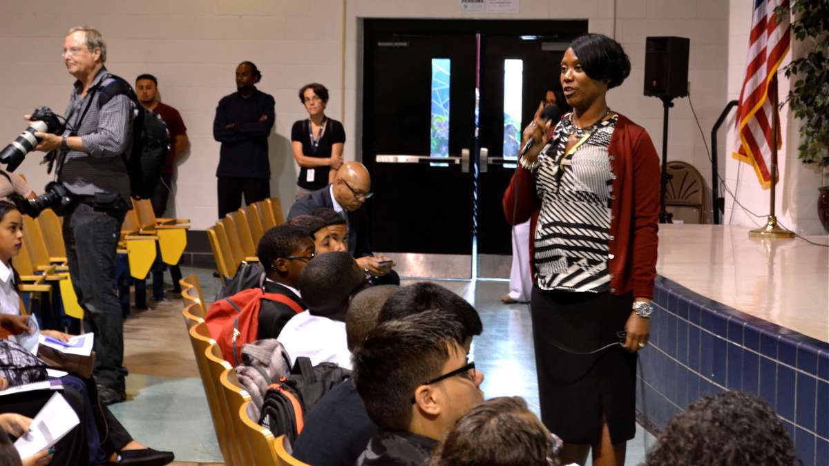  LINC principal Saliyah Cruz on the first day of school, 2014 (Kevin McCorry/WHYY). 