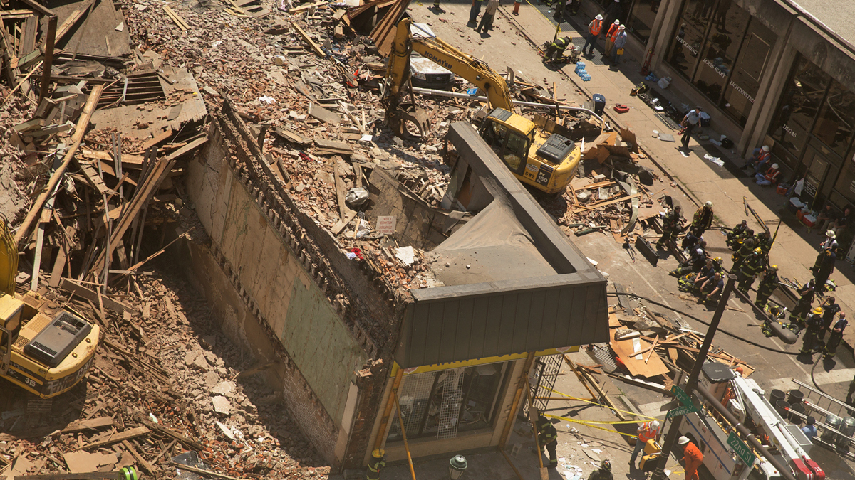  The building collapsed onto the nearby Salvation Army Thrift Store at 22nd and Market Streets.  (Lindsay Lazarski/WHYY)  